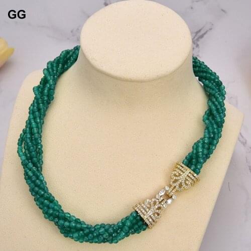 GuaiGuai Jewelry 7 Strands 4mm Faceted Round Green Agates Multi Strands Necklace Cubic Zirconia Pave Clasp 18" For Women