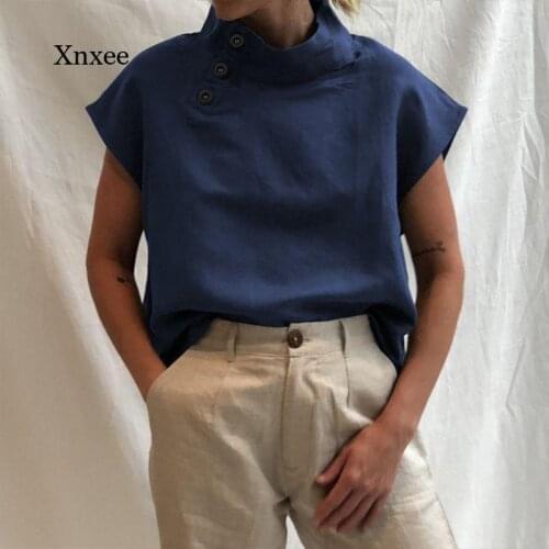 Cotton Women Solid t Shirt Stand Collar Button Shirts Summer Short Sleeve Blouse Casual Tops Female Tunic Plus Size Tee Clothing