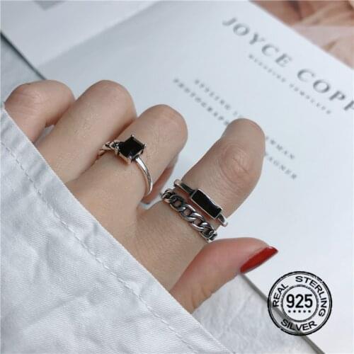 S925 Silver Rings For Women Opening Adjustable Zircon Black Chain Braided Personality Simple Fashion Delicate Jewelry INEFFA