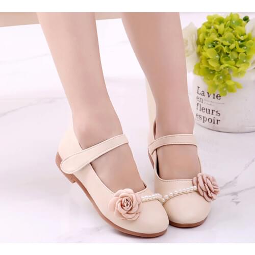 Girls Leather Shoes Princess Spring Autumn Pu Childrens Peas Shoes Lightweight Soft Bottom Kids Shoes Beige Pink Blue
