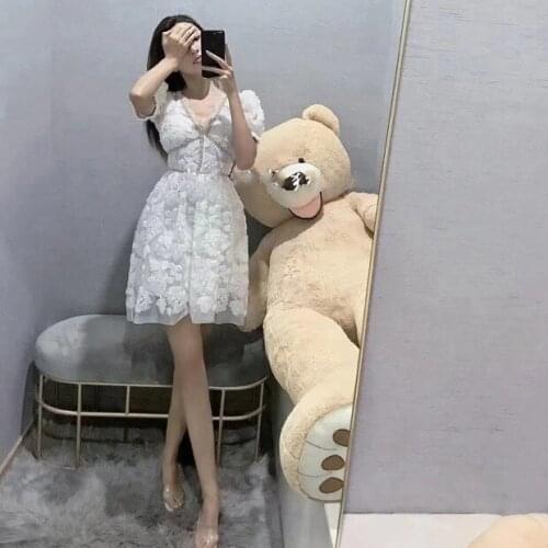 Women Dress2021 Autumn New V-neck Lace Hollow Slim Three-dimensional Flower Thin Dress