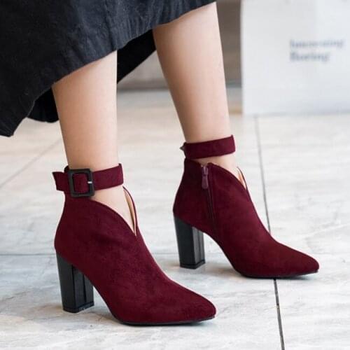 PXELENA Plus Size 34-45 Women Ankle Boots Chunky Block High Heels Faux Suede Ankle Strap Office Lady Party Short Boots Shoes New