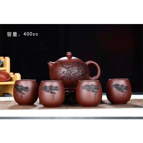 Recommended yunlong xi shi set a pot of ore purple clay set all hand double pottery carved five custom gifts