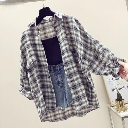 Shirts Women Long Sleeve Plaid Turn-down Collar Shirt Retro Simple All-match Korean Loose Harajuku Womens Tops Blouses Trendy