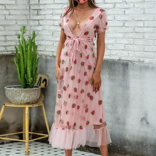 S-3XL Sexy V Neck Sequins Strawberry Pink Mesh Pleated Women Dress Girly Style Sweet Cute Plus Size High Waist Long Dress Spring