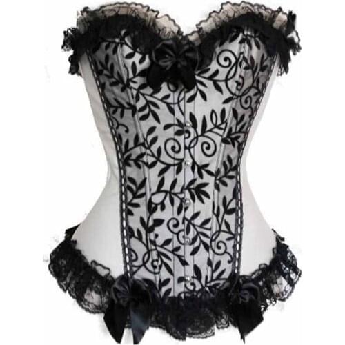 Vintage Corsets and Bustiers Flower Print Bridal Bustier Sexy Corset Lace Trim Victorian Corselet Overbust Burlesque