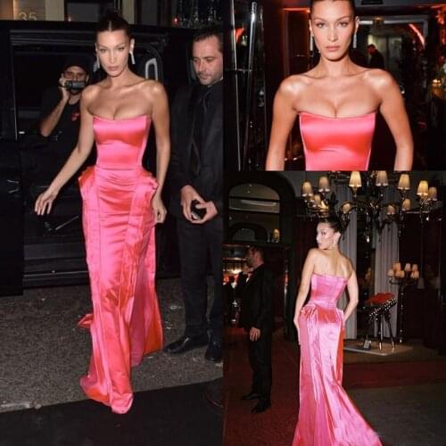 Hot Pink Strapless Prom Formal Dresses 2019 Bella Hadid Ruffles Skirt Full length Red Carpet Celebrity Dress Evening Party Gowns