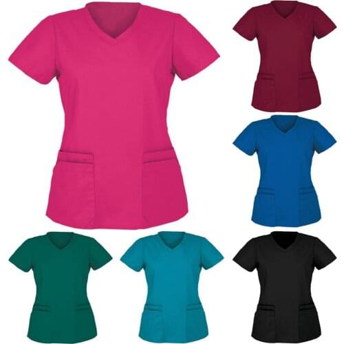 Women Nursing Scrubs Blouse Casual Short Sleeve Scrubs Working Uniforms Nurse Solid Color Top Tshirt V-neck Pocket Women Clothes
