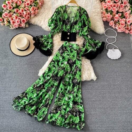 Autumn Womens Elegant Floral Chiffon Pants Suit Summer Flare Sleeve Top High Waist Wide Leg Pants Two Piece Set Female Outfit