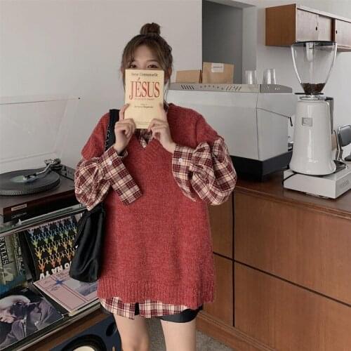 Autumn Women Fashion 2 Piece Sets Plaid Long Sleeve Basic Shirts + V-Neck Knitting Sweater Vest Female Korean Leisure Suits Q879