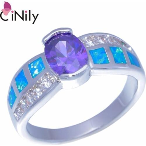 CiNily Created Blue Fire Opal Purple Stone Cubic Zirconia Silver Plated Wholesale For Women Jewelry Ring Size 6.5 7 8 8.5 OJ9334