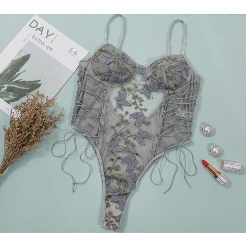 Aduloty Womens Lace Transparent Sexy Underwear 2020 New Butterfly Embroidered Lingerie Bra Set Mesh Teddy Bodysuit
