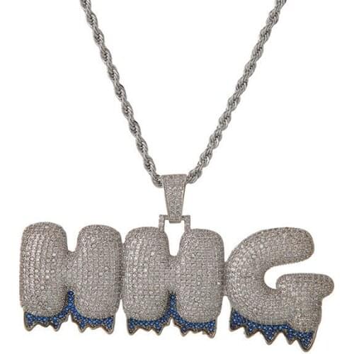 Lucky Sonny Custom Name Blue Drip Bubble Letters Chain A-Z Initial Necklace & Pendant Mens Zircon Hip Hop Jewelry Bijoux LSN022