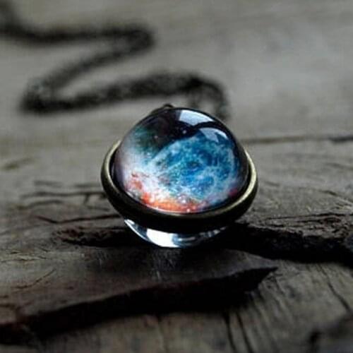 Antique Bronze Moon Planet Time Gem Universe Necklace Glass Ball Pendant Necklace for Women Men Constellation Necklaces Jewelry