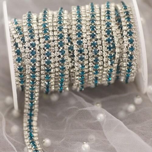 1 yard 3 Rows Blue rhinestone cup chain rhinestone stickers Sew on rhinestones trim silver or gold base for DIY garments dress