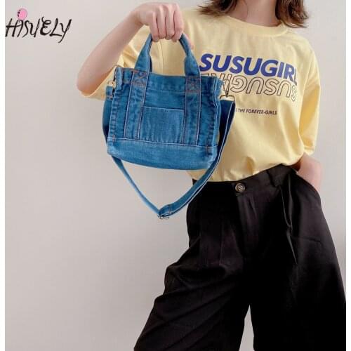 2021 Small Denim Cloth Women Shoulder Bag Girls Light Blue Canvas Fabric Handbag Casual Tote Detachable Strap Lady Zipper Purse