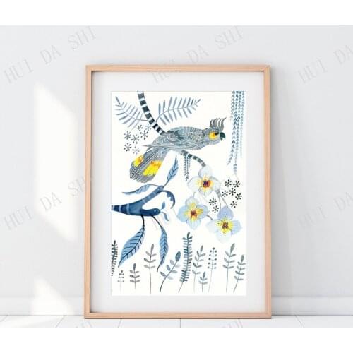 Australian Cockatoo wall art print Hamptons decor Parrot watercolour print Tropical orchids and frangipani
