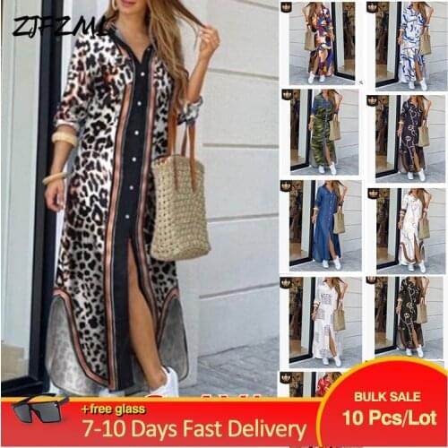 Bulk Items Wholesale Lots Womens Shirt Dresses Office Lady Turn Down Collar Long Sleeve Vestidos Casual Side Split Boho Dress