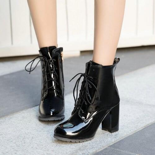 Fashion Patent Leather Short Boots Spring Autumn Ladies Cross Tied Round Toe Womens Shoes Thick Heel Zipper Winter Ankle Boots