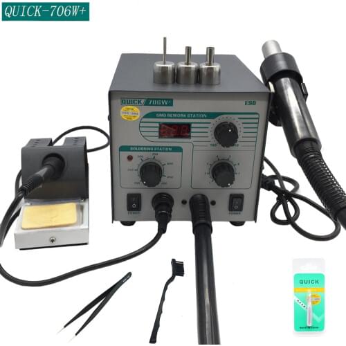 QUICK 706W+ Digital Display Hot Air Gun + Soldering Iron Anti-static Temperature Lead-free Rework Station 2 in 1 With 3 Nozzles