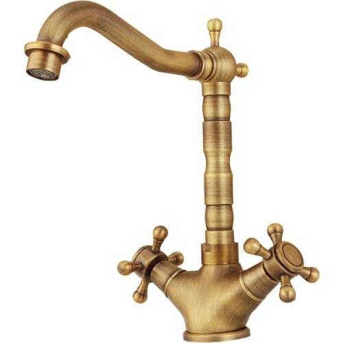 Europe Antique Brass 2 Handles Tap Washbasin Faucet Above The Basin Faucet Hot and Cold Water Basin Faucet for Bathroom