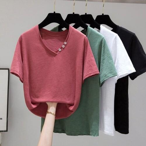 Korean Fashion Cotton T-Shirt White Plus Size V-Neck T Shirt Women Summer Tops 2021 Short Sleeve Buttons Tshirt Female Green Red