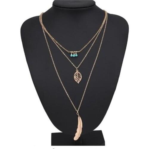 Hot Fashion three Layered Chain Bohemian Seed Beads Leaves Necklaces Pendants Big Alloy Feather Statement Necklaces for Women