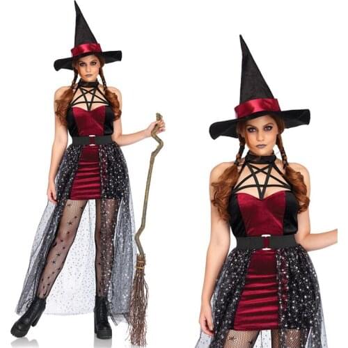 Gothic Red Sexy Witch Halloween Costume Women Party Fancy Dress Female Velvet Cosplay Elf Dress Halloween Fairy Cosplay Clothing