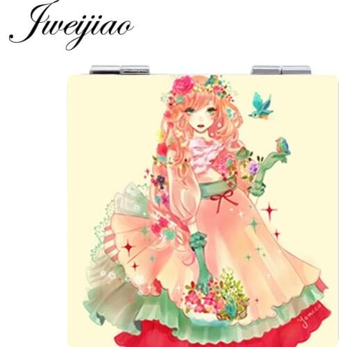 JWEIJIAO Cartoon Girls Photo PU Leather Square Makeup Mirror 1X/2X Magnifying Compact Folding Portable Pocket Mirror espejo