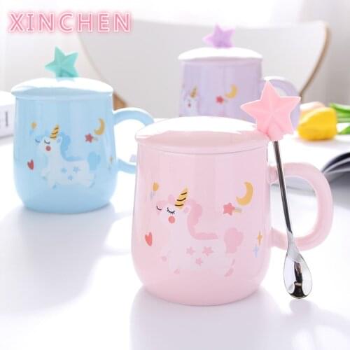 XINCHEN Cartoon Unicorn Coffee Mug with Lid and 3D Star Spoon Pink Coffee Milk Tea Cup Creative Gift for Girls