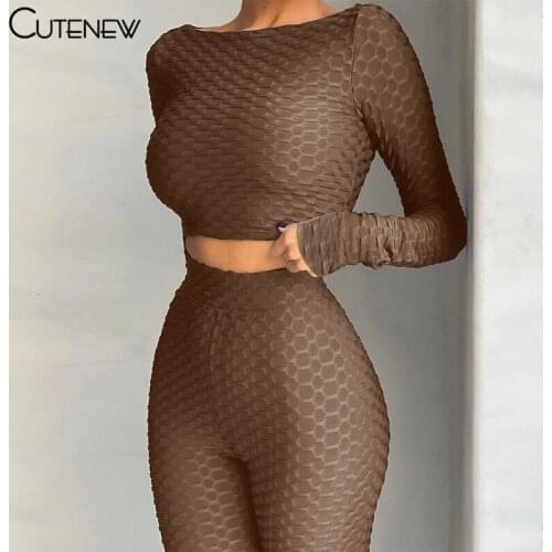 Cutenew Autumn Solid Two Piece Set Womens Outfits Long Sleeve Crop Tops+Skinny Stretch Leggings Matching Lady Casual Sportswear