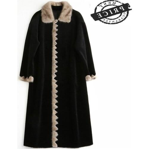 Fur Sheep Shearing Coat Winter Jacket Women Natural Wool Parka Real Mink Fur Collar Autumn Spring Long Clothes LWL1362