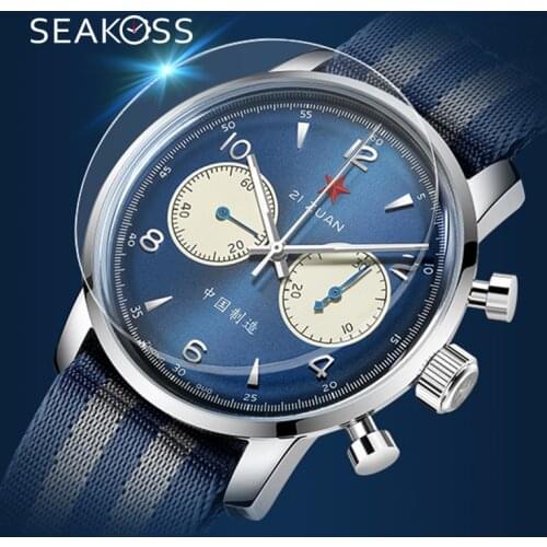 Fashion Mens Blue Chronograph 1963 Watch Pilot Seagull Movement Gooseneck Mechanical Male Clock Sapphire Hardlex Acrylic Clock