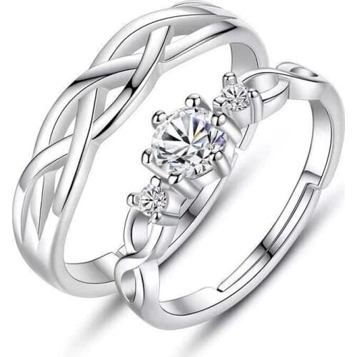 Fashion Crystal Paired Couple Finger Rings Silver Color Wedding Bands Men Women Lovers Open Ring Propose Valentines Day Gift