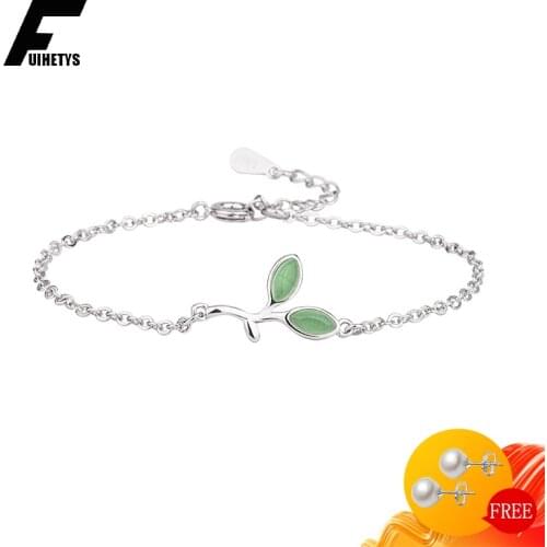 BaliJelry Fashion 925 Silver Bracelet with Green Cat Eye Stone Leaf Shaped Korean Style Jewelry Accessories for Women Wedding