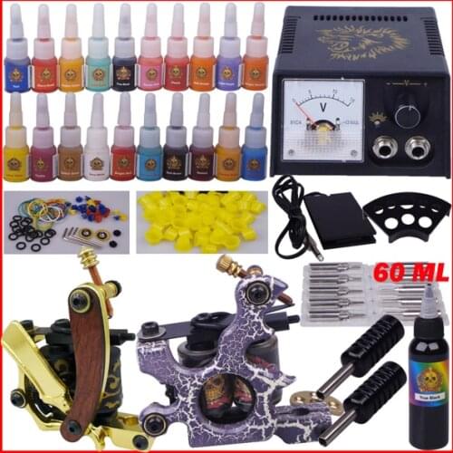 Tattoo Machine Kit Complete 2 Gun 20 Colors Ink Needles Led Power Supply Grip Practice Skin Permanent Makeup Pen Set forStarter