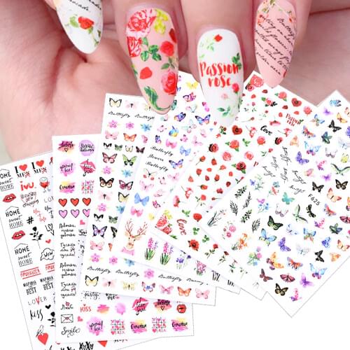 Rose Flowers Butterfly Nail Spring Stickers Red Nail Art Decals Decorations Tips Water Nail Decals Ins Style Ozdoby Do Paznokci