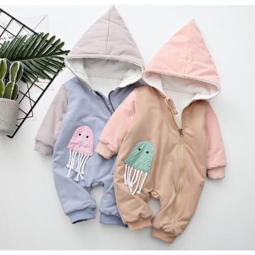 New fashion Baby boys girls Rompers Cartoon Jellyfish kids Clothes hooded autumn spring warm zipper Jumpsuit