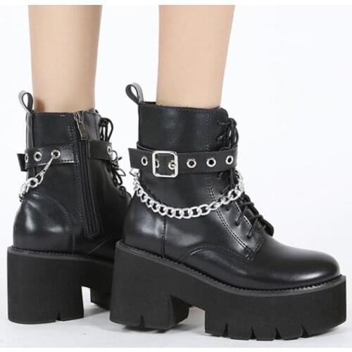 New Black Boots Women Heel Sexy Chain Chunky Heel Platform Boots Female Punk Style Ankle Boots Zipper Motorcycle Boots