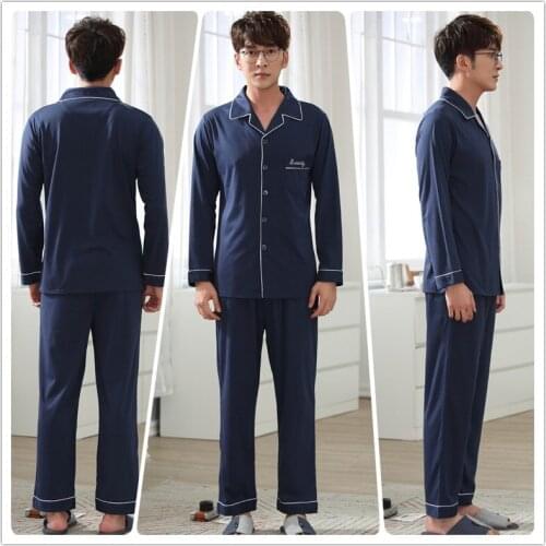 Mens Pajamas Set Navy Winter Nightgown Long Top & Long Pants Sleepwear Elastic Waist Pajamas for Leisure Home