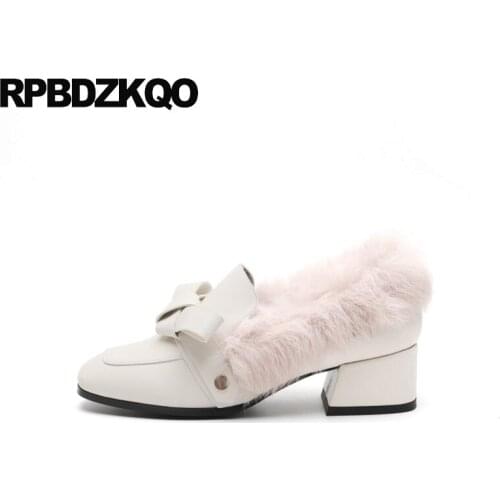 Designer women luxury shoes thick casual size 33 slip on square toe 10 42 genuine leather fur medium heels pumps chunky plus