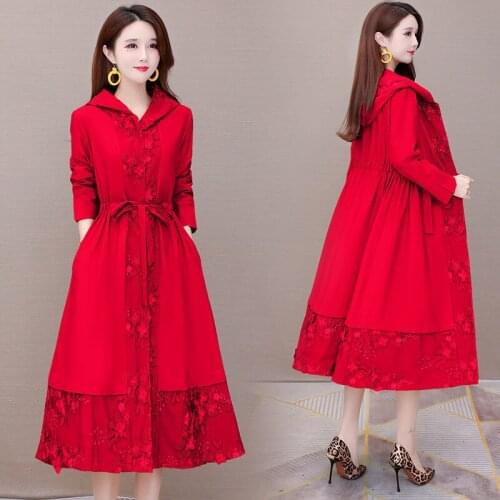 Windbreaker 2021New Hooded Jackets Women Embroidery Mid-Length Outwear High-End Atmosphere Mother Over The Knee Coat Female Tops