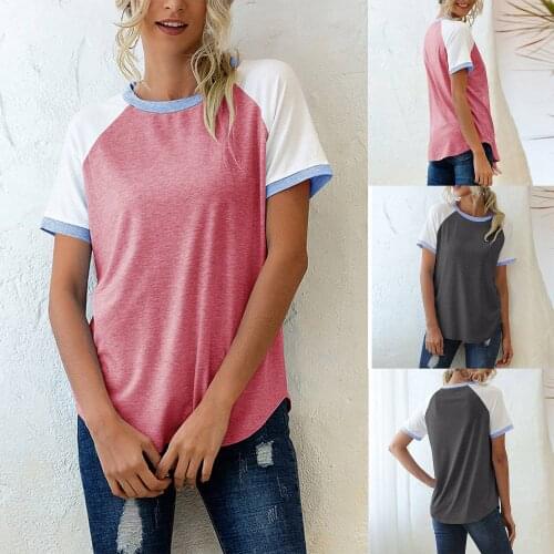 Womens New Fashion Round Neck Three-Color Stitching Casual Short-Sleeved T-Shirt