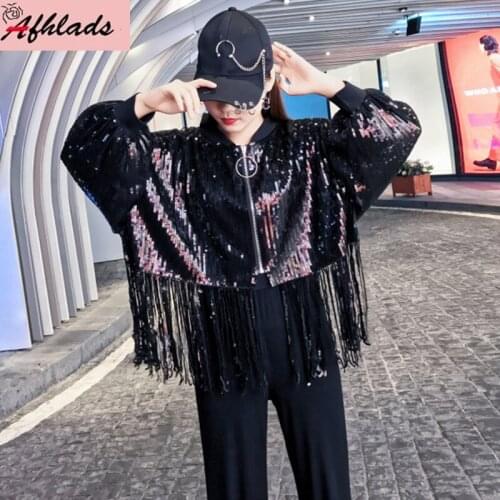 Sequins Jacket Tassel Patchwork Women Solid Color Women Sequin Sequined Coat Round Neck OuterWear Women Loose Jacket