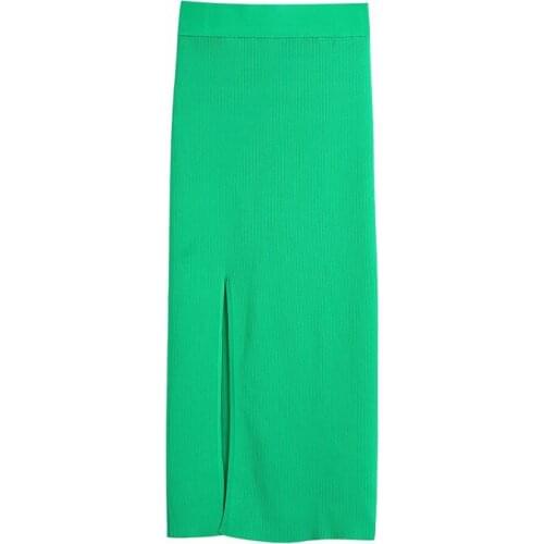 Za 2021 Contrasting Green Knit Skirts Women Vintage Elastic High Waist Summer Skirt Casual Front Slit Hem Elegant Feminine Woman