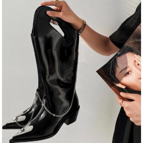 Women Black Genuine Leather Pointed Toe Metal Chains Hollow Out Tube Boots 6 cm Chunky Heels Heart Slip On Street Knight Boots