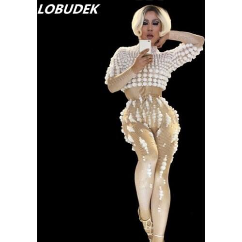 Female costume crystals Christmas sexy Jumpsuit white ball outfit singer dancer nightclub Stag Party bar Prom fashion star bar