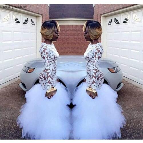 White Long Sleeves Evening Dress African Black Girls Jewel Neckline Lace Graduation Party Dress Plus Size