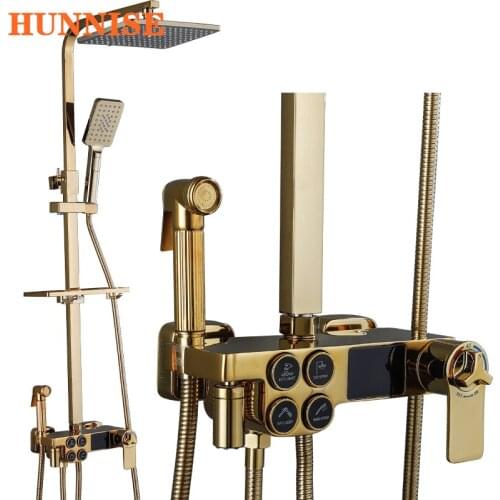 Gold Thermostatic Shower Set HUNNISE Luxury Four Function Digital Bathroom Shower System Faucets Quality Brass Bathtub Faucets