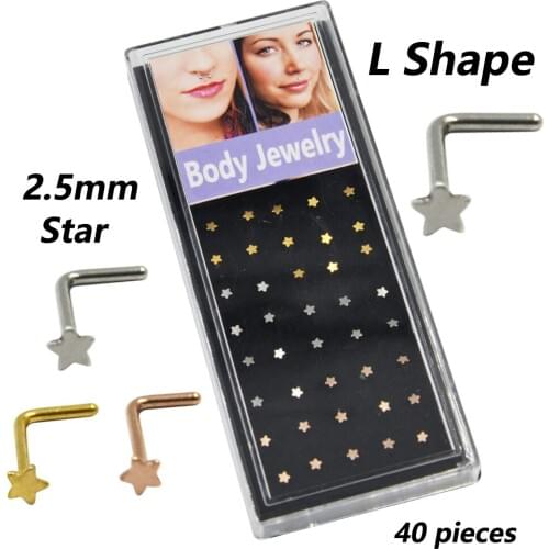 40pieces Star Shapes Nose Piercing Ring Body Jewelry Stud Retainers Assorted Colors Mix Styles-Heart,Moon,Star,Ball Designs
